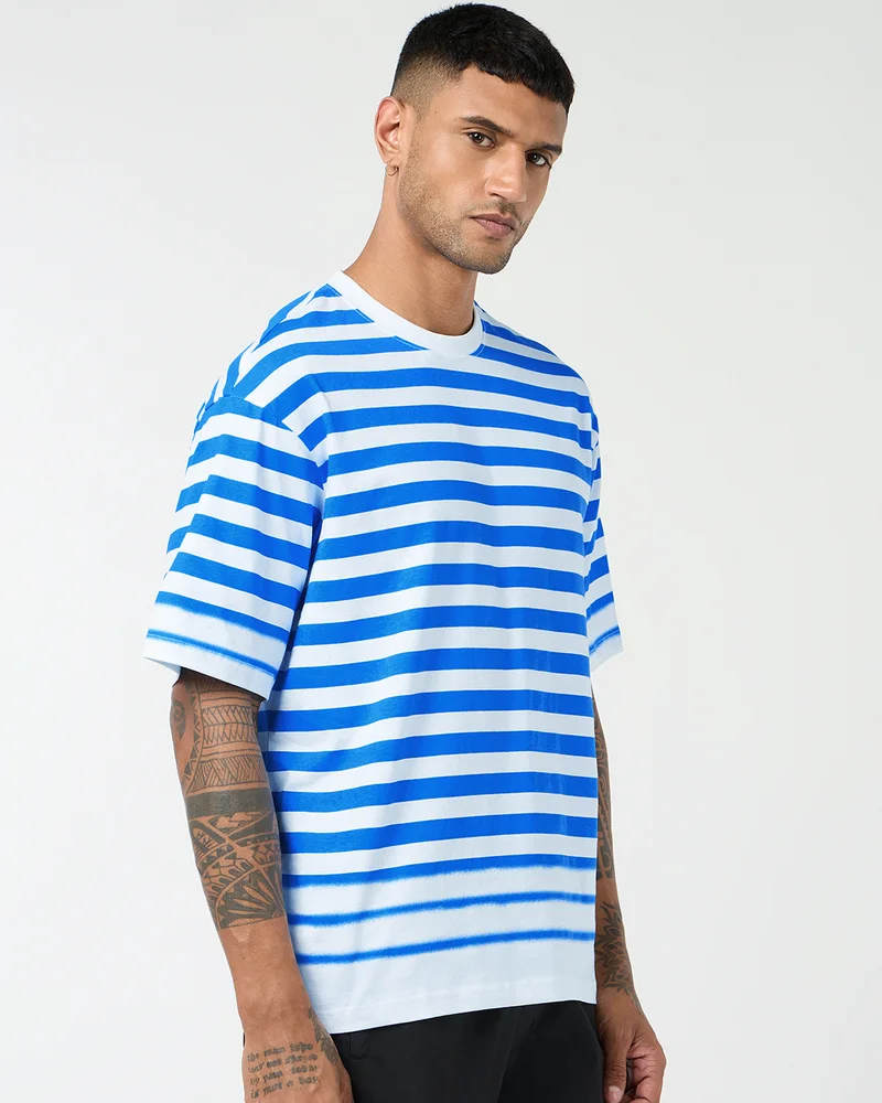 bewakoof Men's Blue & White Striped Oversized T-shirt